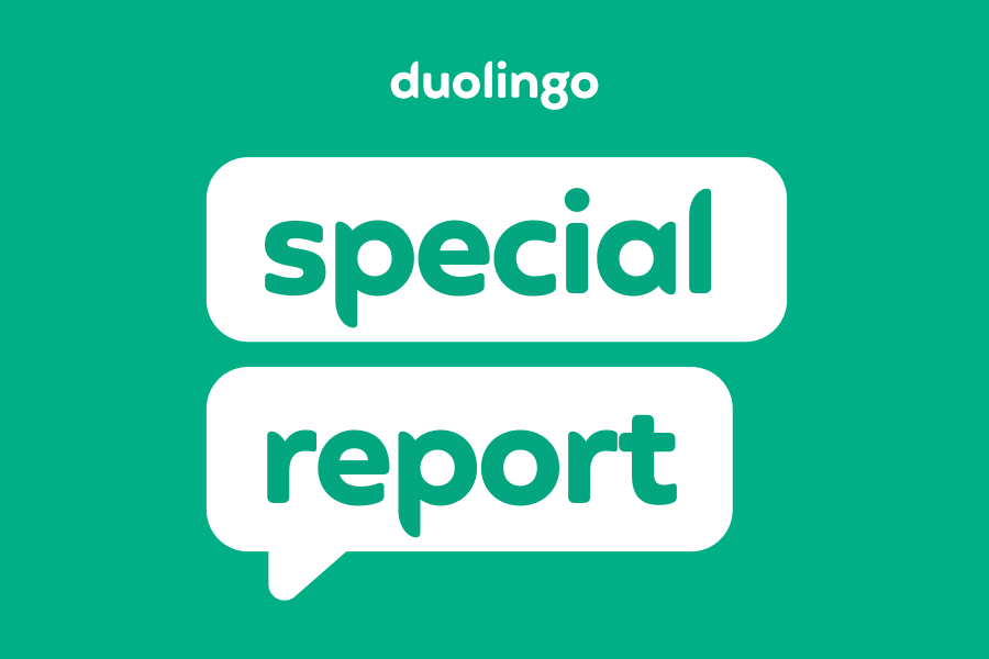 The words "duolingo special report" in a speech bubble on a kelly green background