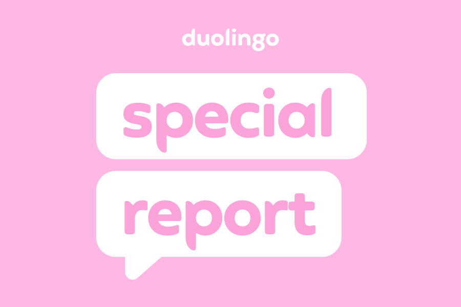 The words "duolingo special report" in a speech bubble on a pink background