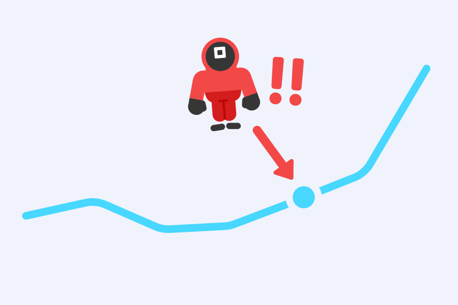 Illustration of a line chart with a sharp rise marked with a figure wearing a red suit with a white square on its face