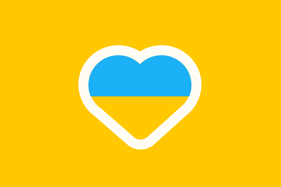 An illustration of the Ukrainian flag as a heart, on a yellow background