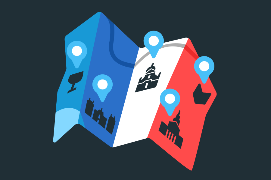 Illustration of a city map in the colors of the French flag, with monuments and points of interest marked with location pins