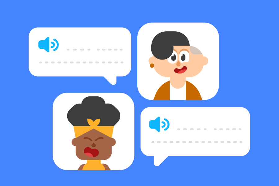 Illustration of a conversation between Lin and Bea, with speech bubbles next to each of their pictures