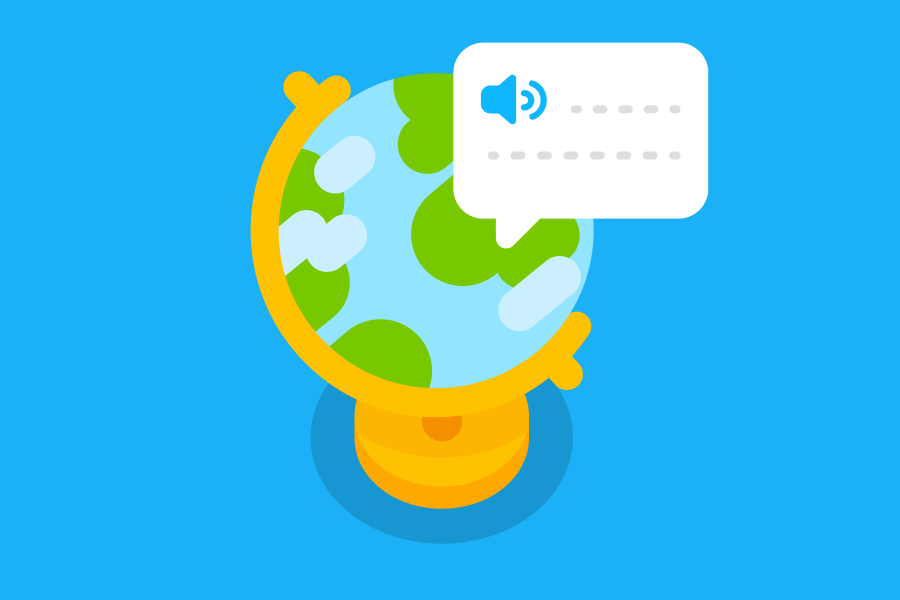 Illustration of a globe with a speech bubble hovering over a continent