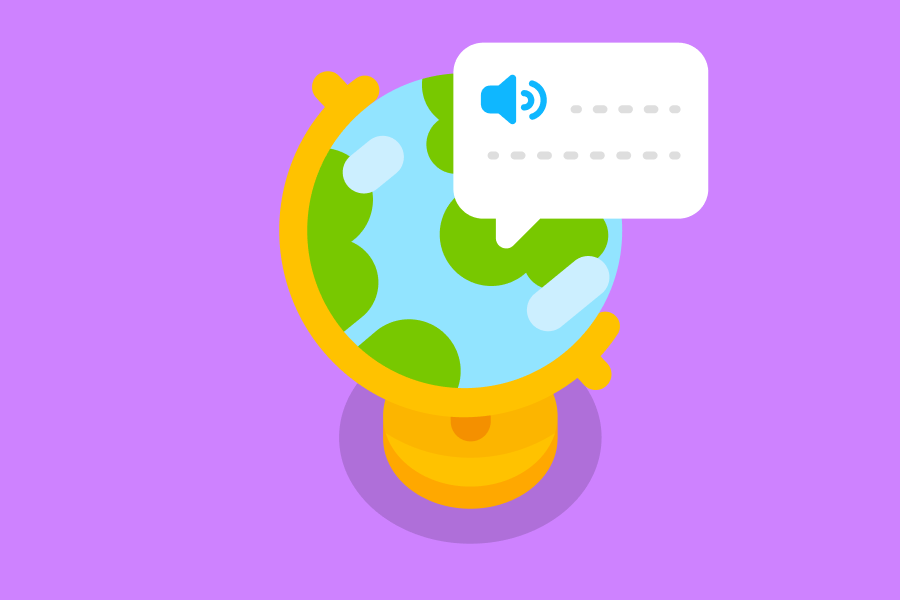 Illustration of a globe with a speech bubble hovering over a continent