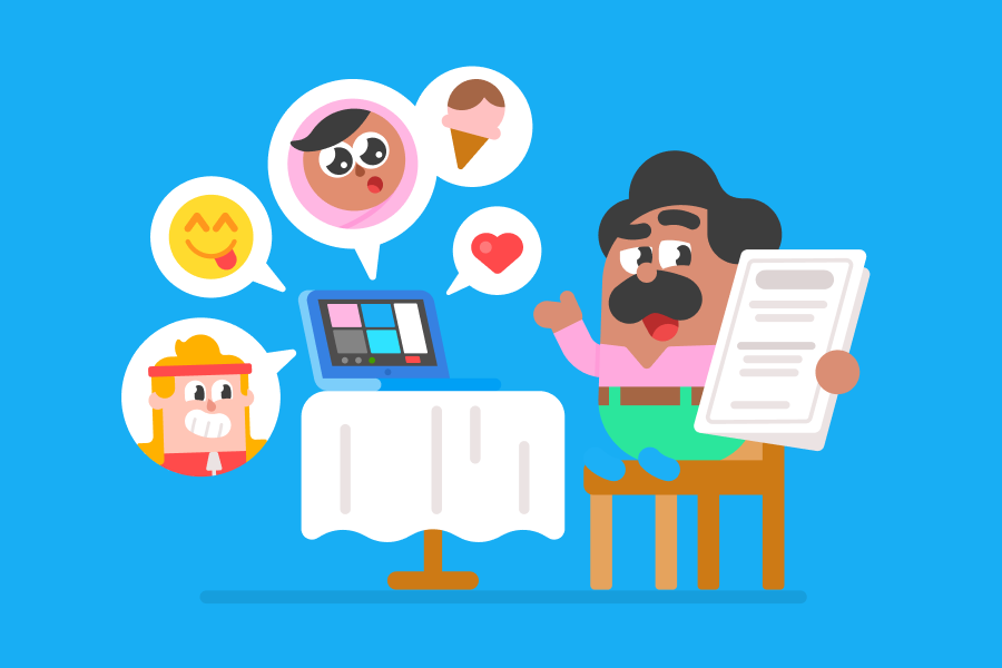 Illustration of Oscar sitting at a table in front of an open laptop, showing people on a screen a menu that he's holding