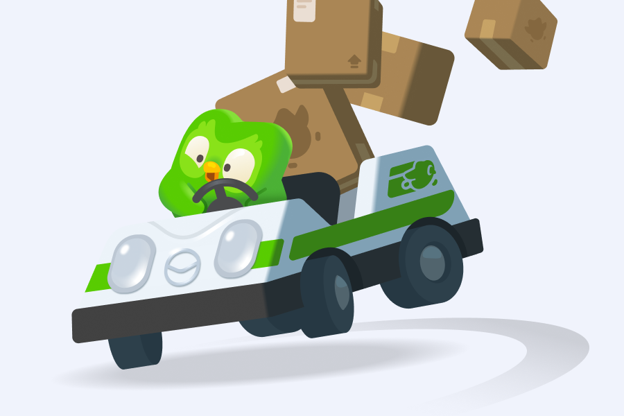 Illustration of Duo wildly driving an open-top delivery car, with big, brown boxes flying through the air behind him