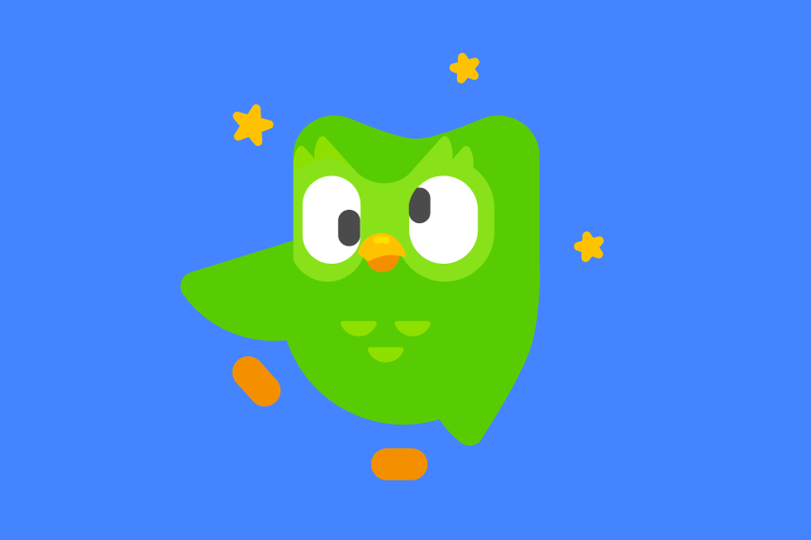 Illustration of Duo the owl looking dizzy, with his eyes crossed and little stars floating around his head