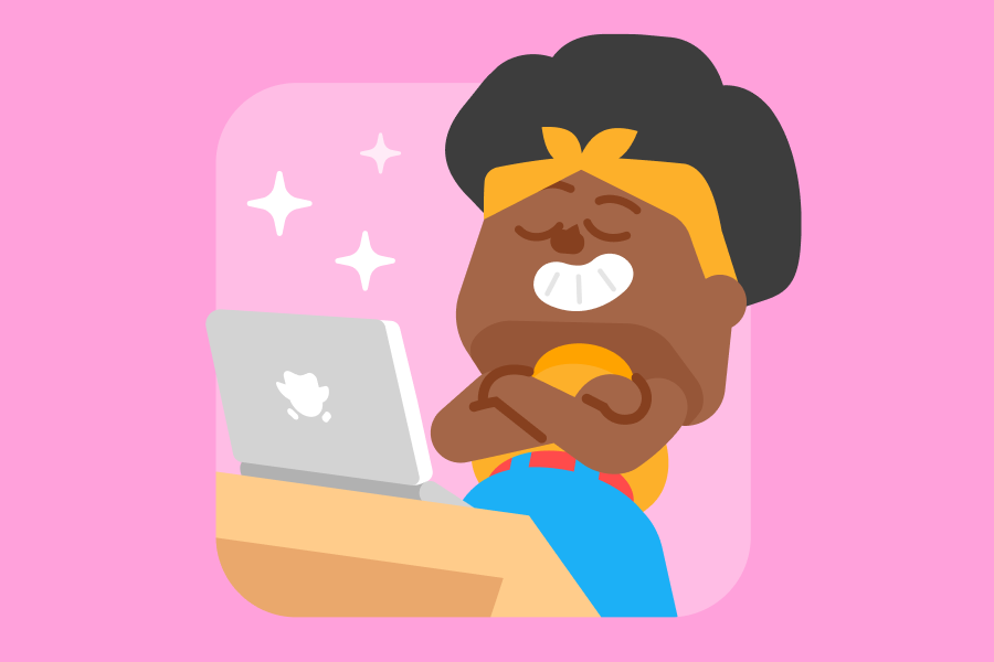 Illustration of Bea leaning back in front of a laptop, looking satisfied and proud, with little sparkles near her head