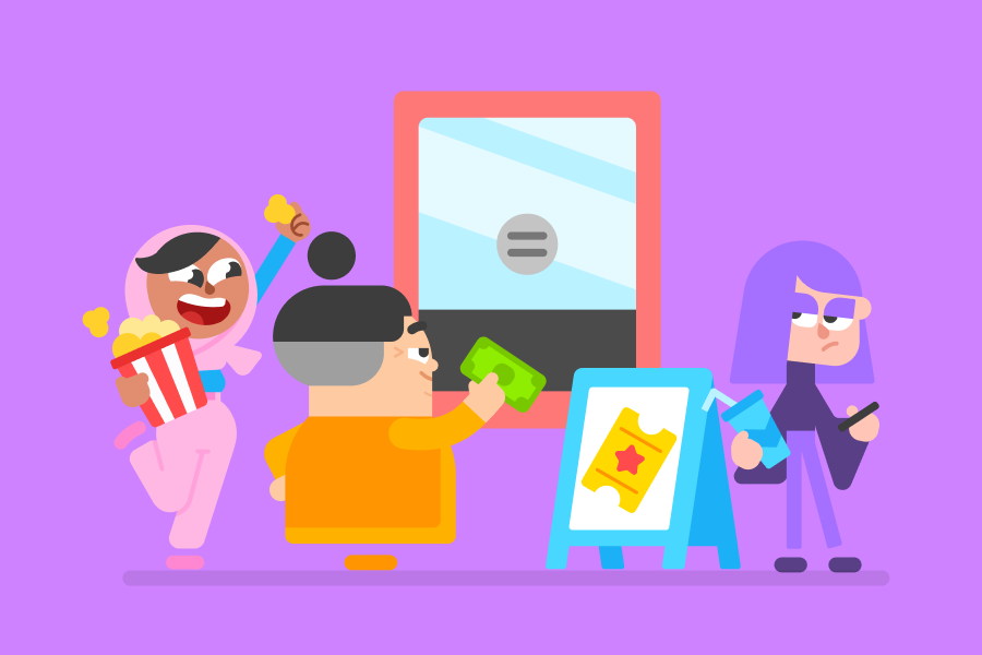 Illustration of a movie theater. Zari is holding popcorn, Lucy is at the ticket window, and Lily looks bored