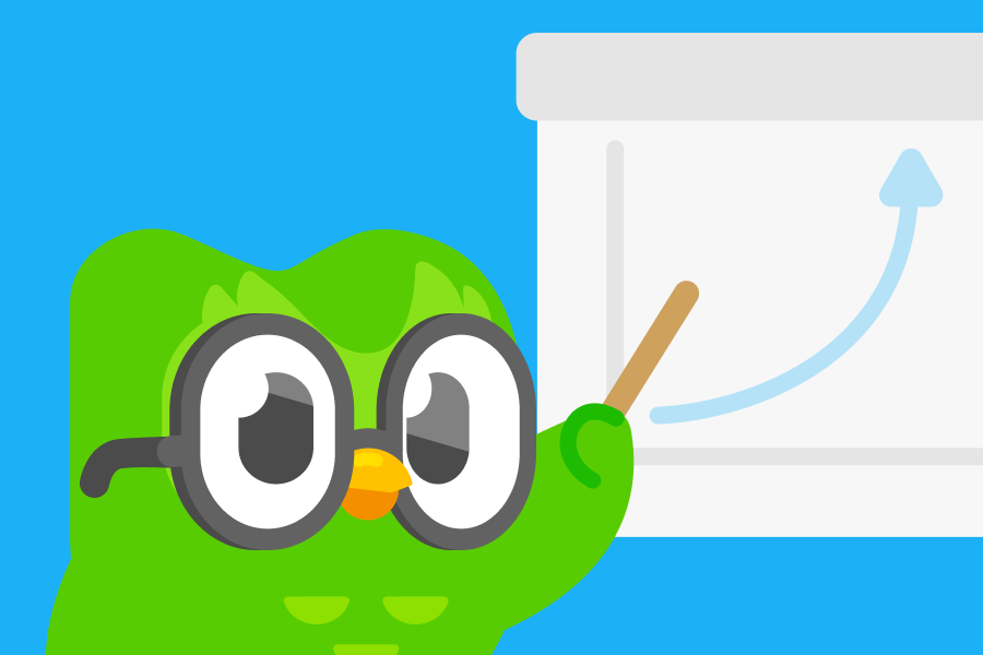 Illustration of Duo the owl wearing glasses and using a pointer in front of a graph on a presentation screen 