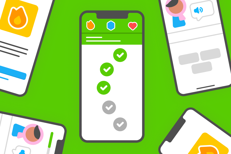 Illustration of several phone screens showing different parts of Duolingo courses, including the learning path and streaks