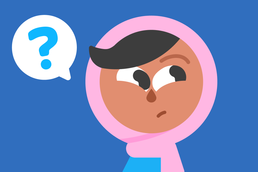Illustration of Zari looking curious next to a speech bubble of a question mark