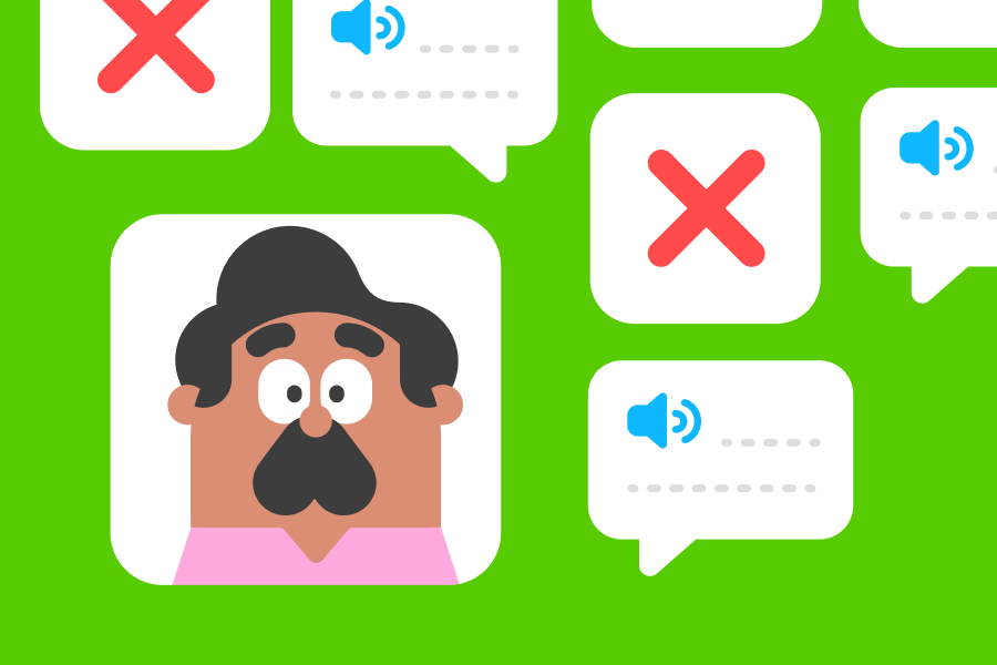 Illustration of Oscar looking worried next to several speech bubbles and large red Xs