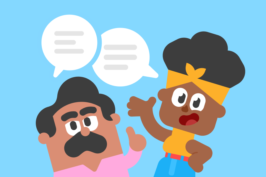 Illustration of Oscar and Bea, with speech bubbles next to their heads, waving at the reader