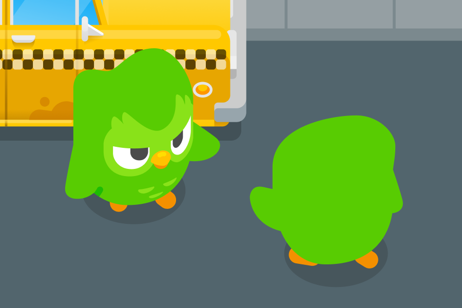 Illustration of Duo standing in the street next to a taxi, facing what from the back looks like another Duo the owl!