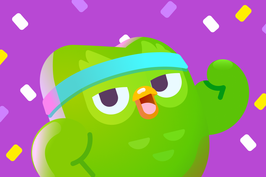 Illustration of Duo the owl wearing a sweatband and flexing his bicep, with confetti falling around him