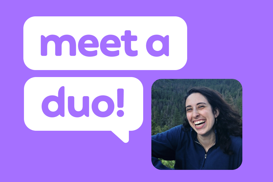 Illustration of a smiling woman with trees behind her, next to speech bubbles that read "Meet a Duo!"
