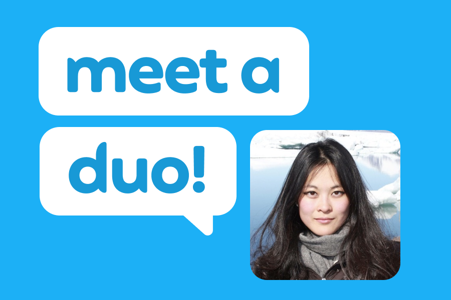 Illustration of a woman with a frozen lake and icebergs behind her, next to speech bubbles that read "Meet a Duo!"