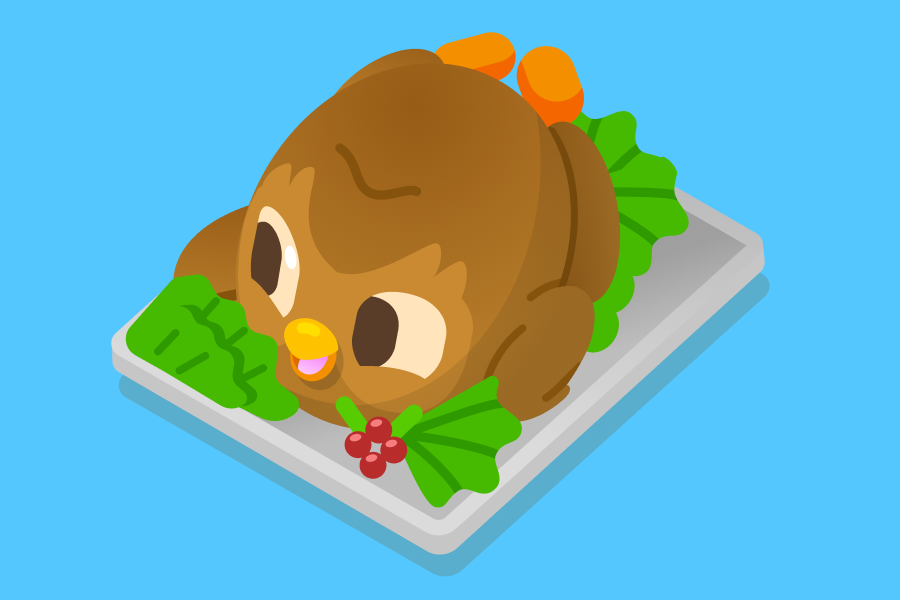 Illustration of the Duolingo owl as a roasted turkey on a platter