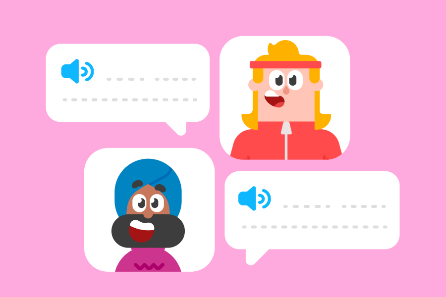 Illustration of Eddy and Vikram, smiling and having a conversation, each next to a speech bubble