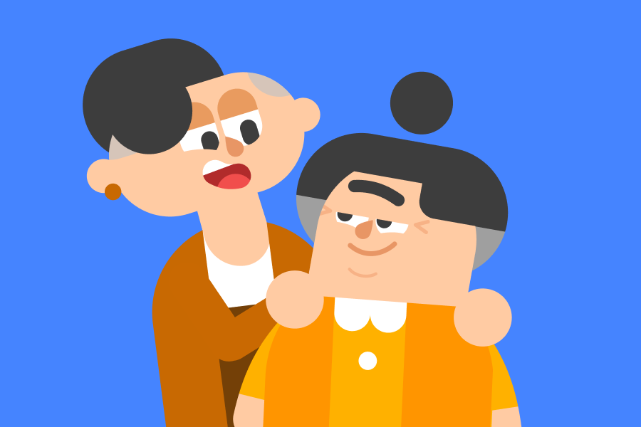 Illustration of Lin standing with her hands on Lucy's shoulders. They are looking at each other affectionately.