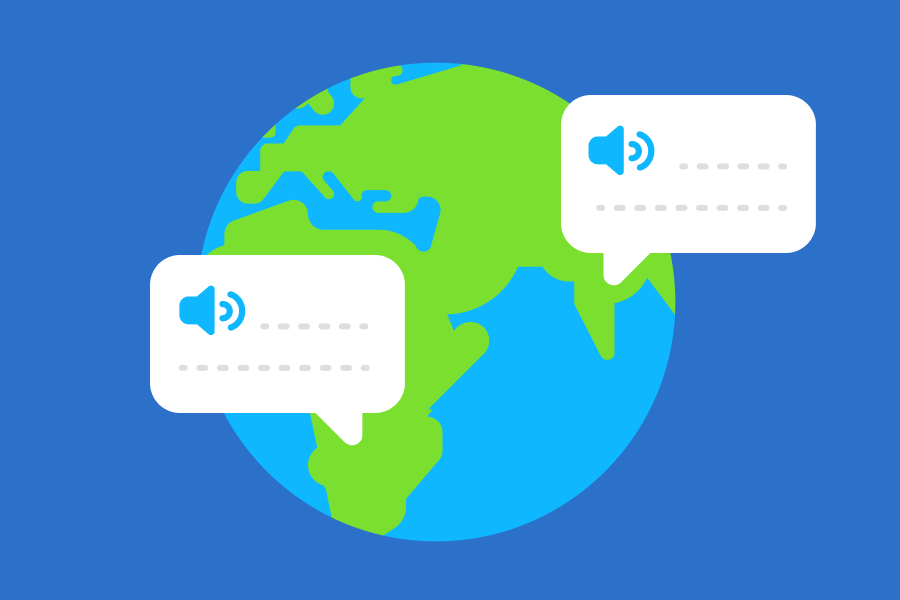 Illustration of planet Earth with two speech bubbles over different continents