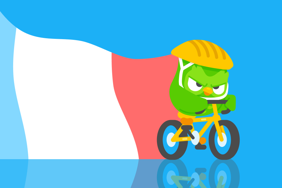 Illustration of Duo in front of the French flag, riding a yellow bicycle and wearing a yellow helmet, looking very determined