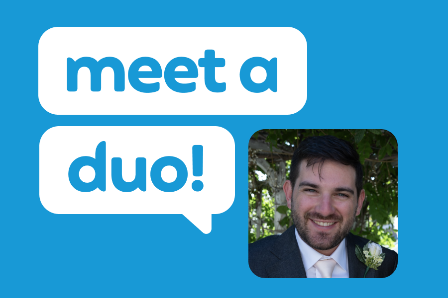 Headshot of Brian Martin surrounded by speech bubbles that say "Meet a Duo!"