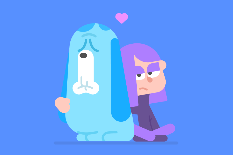 Illustration of Duolingo character Lily sitting back-to-back with a large blue dog