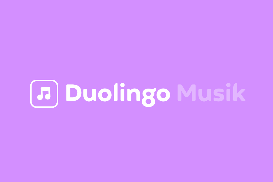 Abbildung von zwei Musiknoten und dem Logo „Duolingo Musik“.