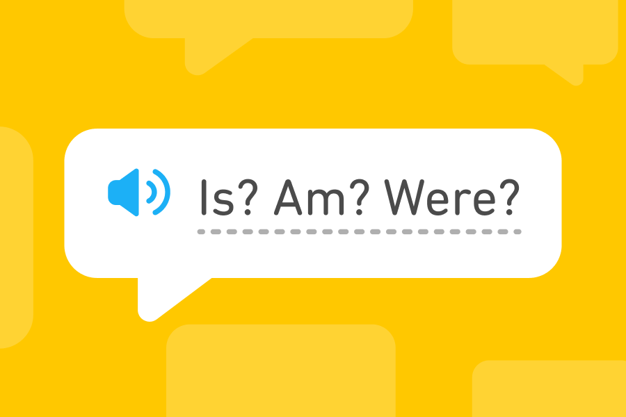 Speech bubble with 3 forms of the English verb "to be": "is," "am," and "were"