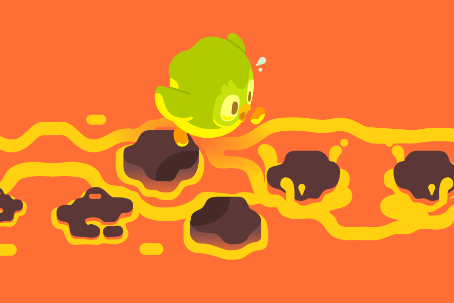 Illustration of Duo the owl skipping from one rock to the next, through a sea of red-hot lava
