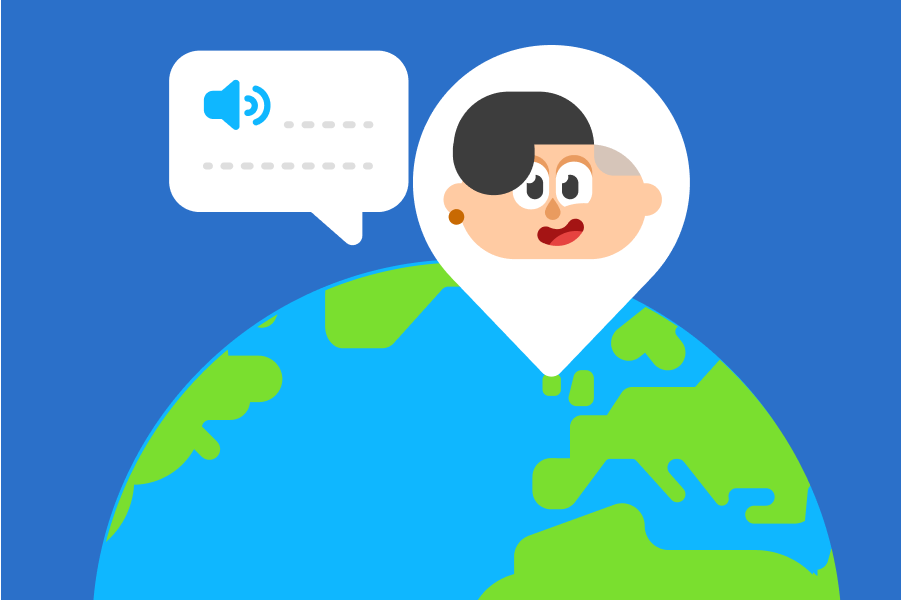 Illustration of planet Earth with Lin and a speech bubble appearing over Ireland