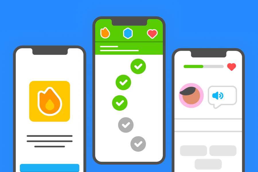 Illustrations of different parts of Duolingo courses: the streak, the learning path, and a language exercise