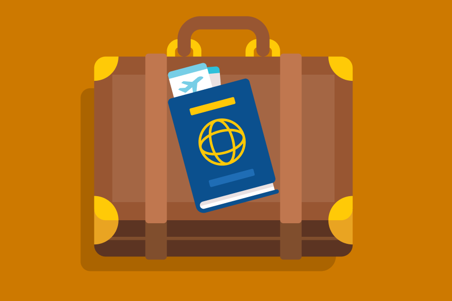 Abbildung eines Koffers mit einem Reisepass und Flugtickets darauf.