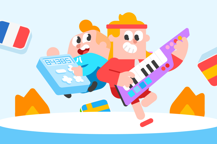 Ilustración donde Eddy toca el teclado y Junior sostiene una gran calculadora en un escenario. Detrás hay banderas de países