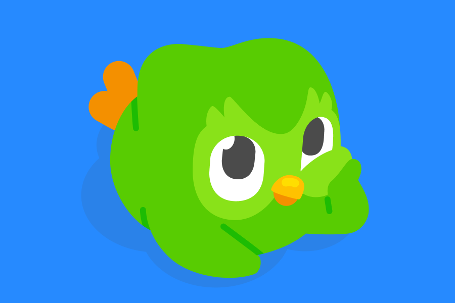 Abbildung von Duo, der auf dem Bauch liegt, den Kopf in einen Flügel stützt und niedlich nach oben blickt.