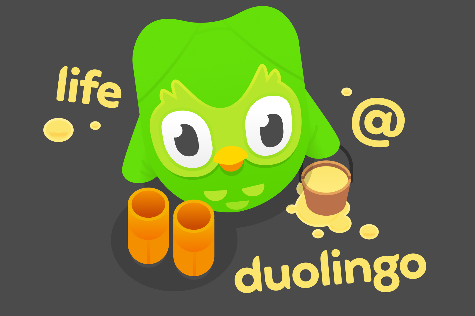 Illustration of the Duo mascot suit surrounded by words “life @ duolingo”