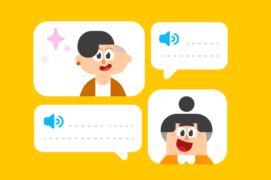 Illustration of a conversation between Lin and Lucy, with Lin looking pleased and Lucy smiling and looking touched