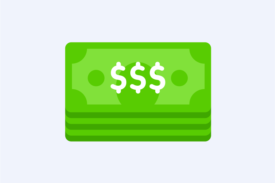 Illustration of a pile of green dollar bills with three dollar signs written on top