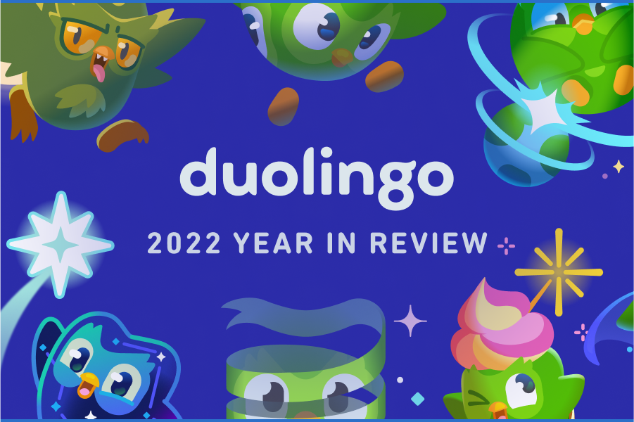 Illustration of 6 versions of Duo the owl, representing 6 learner styles, with the words "Duolingo 2022 Year in Review"