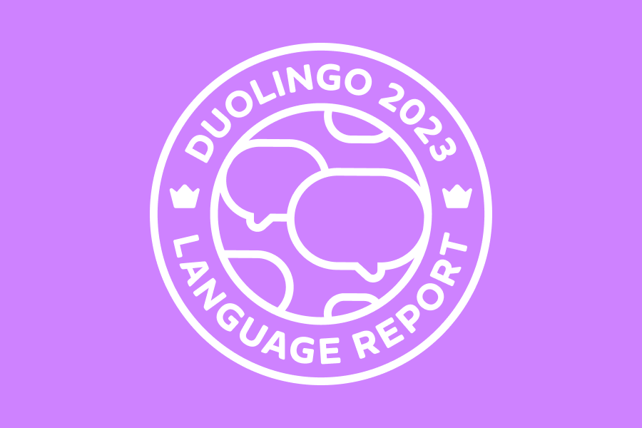 The phrase "2023 Duolingo Language Report" in a circle around a globe with speech bubbles instead of continents