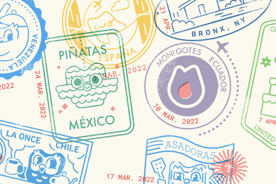 Illustration of stamps from around the Spanish-speaking world, with Duolingo-themed images and place names