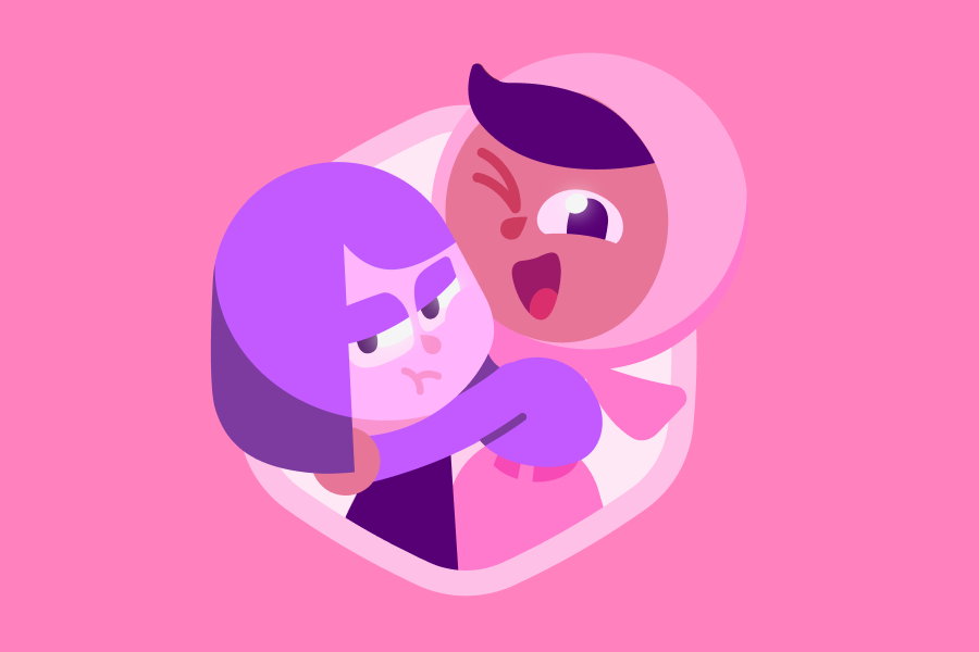 Ilustração da Zari dando um abraço apertado na Lili, que tem uma expressão de indiferença no rosto.