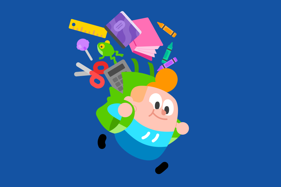 Ilustración de Junior. Lleva una gran mochila abierta y de ella caen todos sus útiles escolares