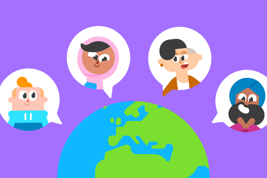 Globe terrestre entouré de Junior, Zari, Lin et Vikram au-dessus de différents continents