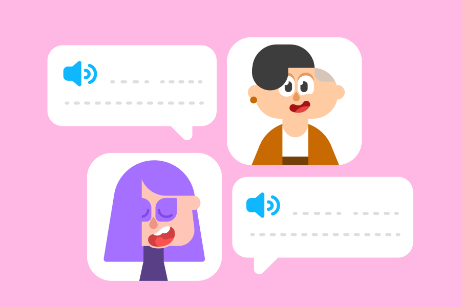 Ilustración de una conversación entre Lin y Lily, cada una con burbujas de diálogo. Están sonriendo