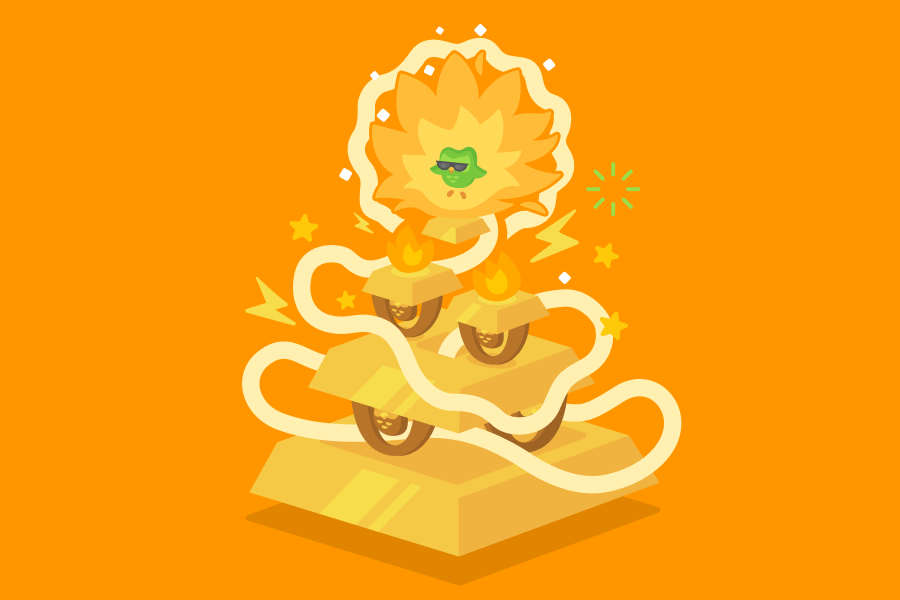 Illustration of Duo wearing sunglasses and standing in flower-like flames on top of a pyramid of gold bars