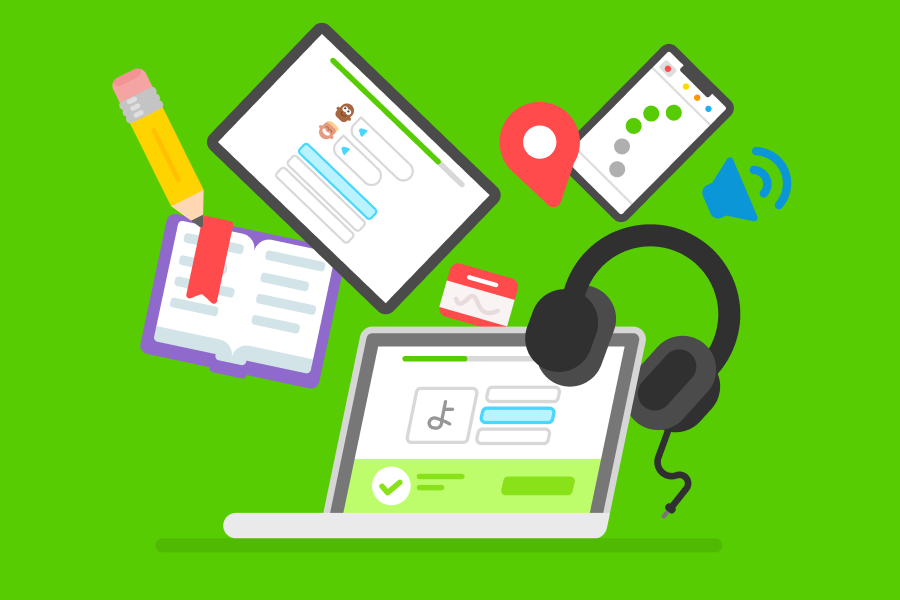 Illustration of a laptop opened to a Duolingo lesson with objects floating above it: headphones, an open book, a phone screen
