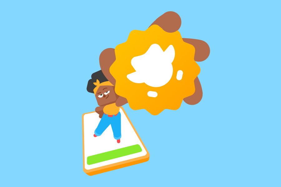 Illustration of Bea standing on a smartphone and holding up the Duolingo English Test logo